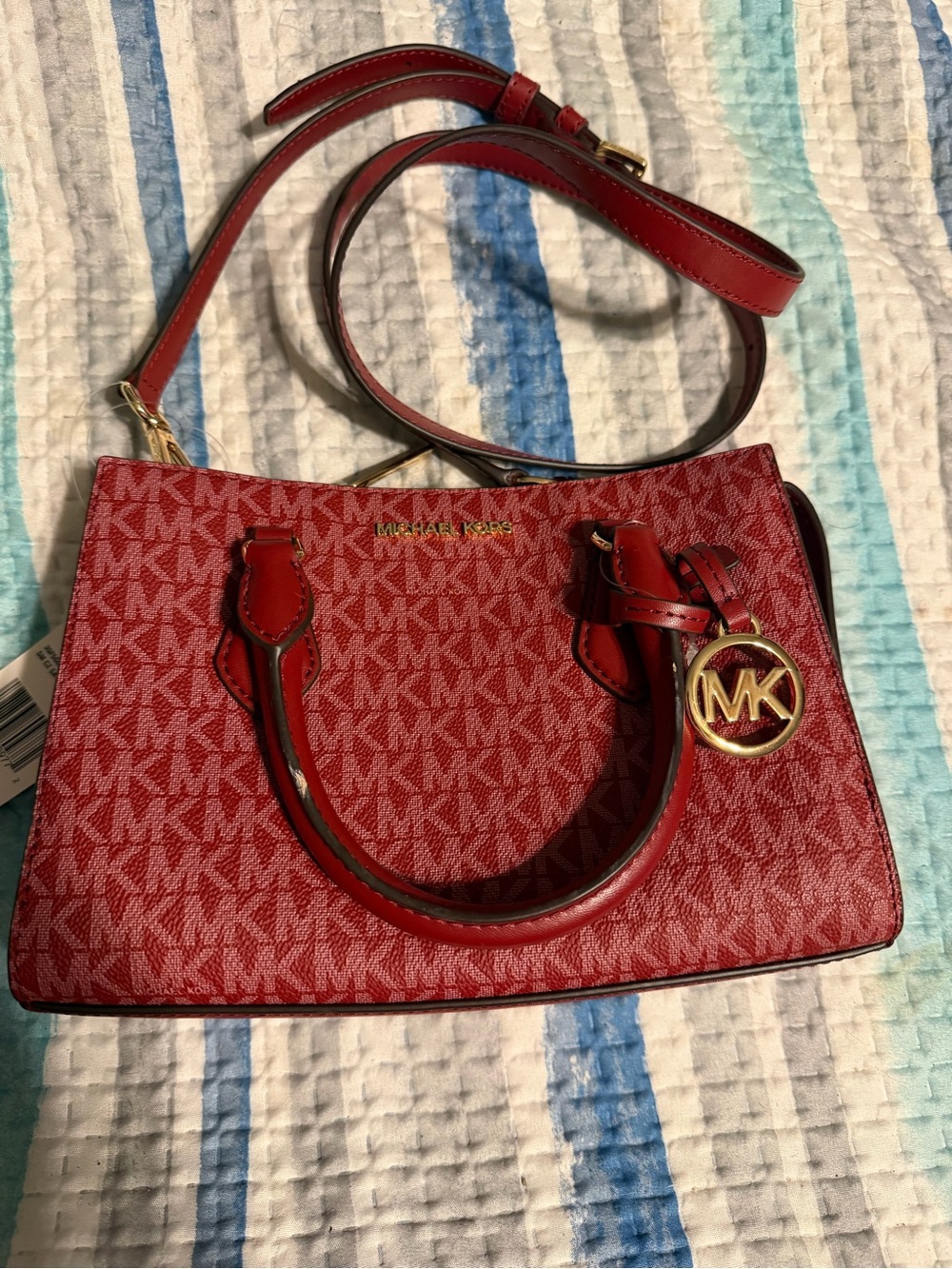 Michael Kors Red Signature Crossbody Satchel with Gold Logo Charm